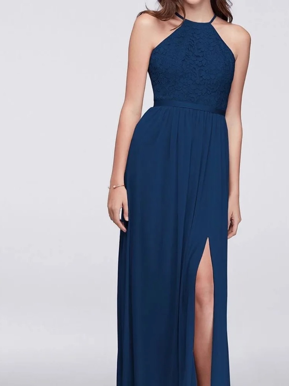 David’s Bridal Open-Back Lace and Mesh Navy Halter Lace Bodice Dress
